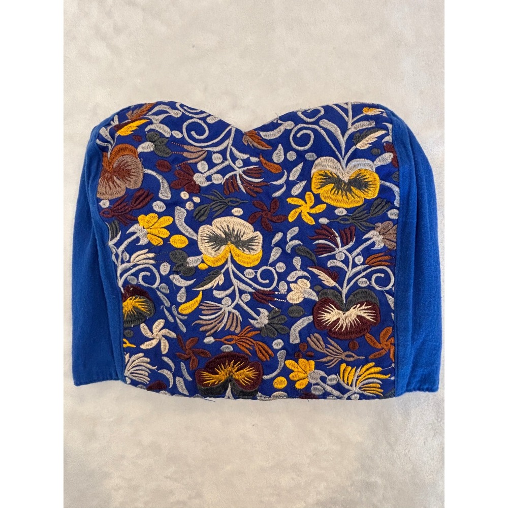 Boho Floral Embroidered Strapless Tube Top Royal Blue Smocked Back Crop Top